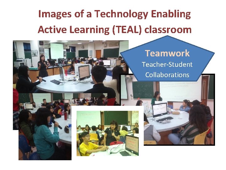 Images of a Technology Enabling Active Learning (TEAL) classroom Teamwork Teacher-Student Collaborations Images of a Technology Enabling Active Learning (TEAL) classroom Teamwork Teacher-Student Collaborations
