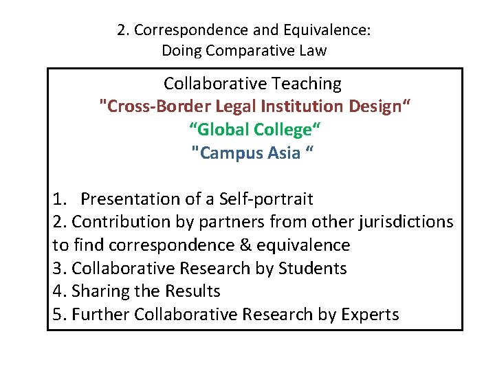 2. Correspondence and Equivalence: Doing Comparative Law Collaborative Teaching "Cross-Border Legal Institution Design“ “Global 2. Correspondence and Equivalence: Doing Comparative Law Collaborative Teaching "Cross-Border Legal Institution Design“ “Global
