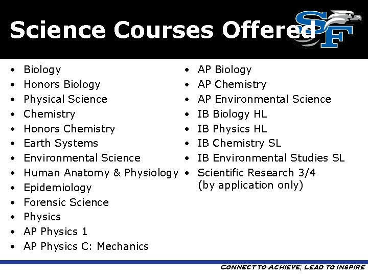 Science Courses Offered • • • • Biology Honors Biology Physical Science Chemistry Honors
