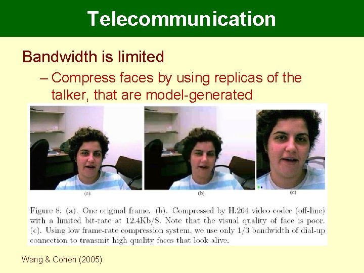 Telecommunication Bandwidth is limited – Compress faces by using replicas of the talker, that Telecommunication Bandwidth is limited – Compress faces by using replicas of the talker, that