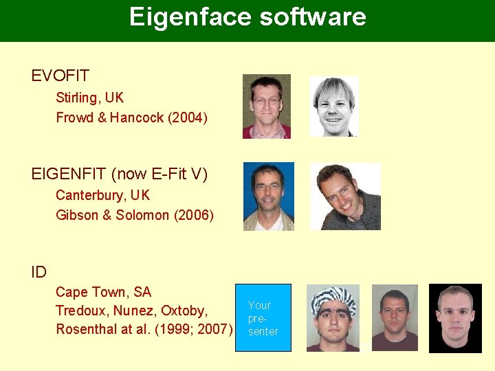 Eigenface software EVOFIT Stirling, UK Frowd & Hancock (2004) EIGENFIT (now E-Fit V) Canterbury, Eigenface software EVOFIT Stirling, UK Frowd & Hancock (2004) EIGENFIT (now E-Fit V) Canterbury,
