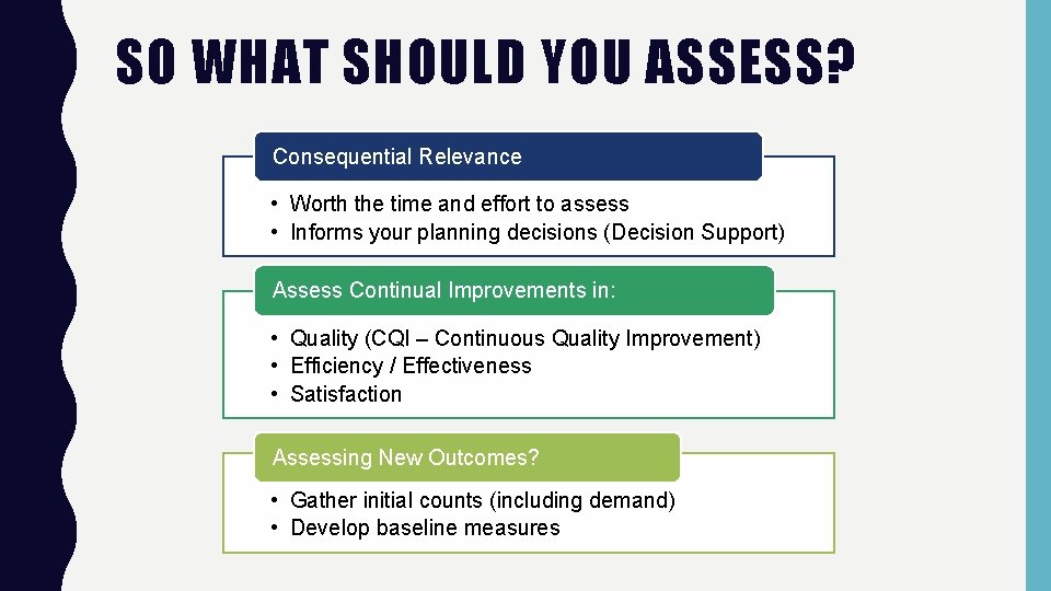 SO WHAT SHOULD YOU ASSESS? Consequential Relevance • Worth the time and effort to