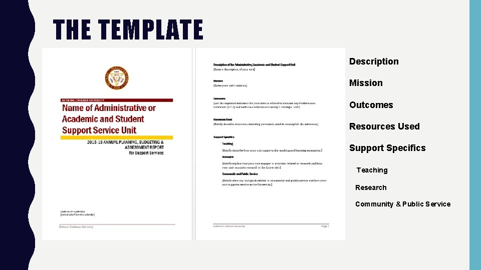 THE TEMPLATE Description Mission Outcomes Resources Used Support Specifics Teaching Research Community & Public