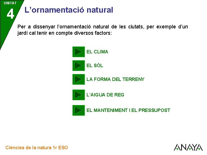 UNITAT UNIDAD 4 3 L’ornamentació natural Per a dissenyar l’ornamentació natural de les ciutats,