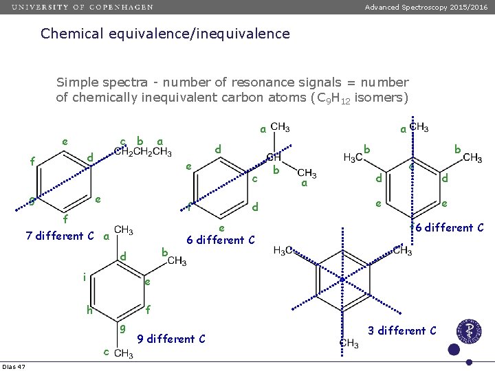 Advanced Spectroscopy 2015/2016 Chemical equivalence/inequivalence Simple spectra - number of resonance signals = number