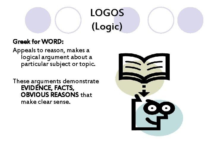 LOGOS (Logic) Greek for WORD: Appeals to reason, makes a logical argument about a LOGOS (Logic) Greek for WORD: Appeals to reason, makes a logical argument about a