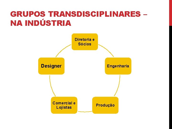 GRUPOS TRANSDISCIPLINARES – NA INDÚSTRIA Diretoria e Sócios Designer Comercial e Lojistas Engenharia Produção