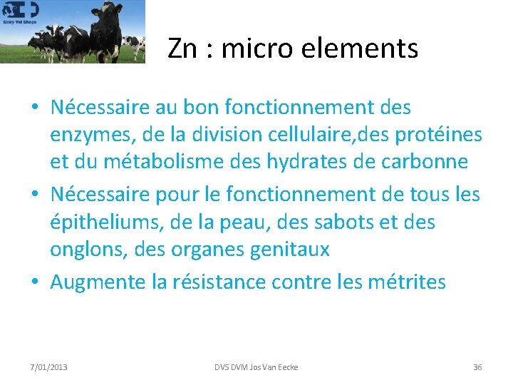 Zn : micro elements • Nécessaire au bon fonctionnement des enzymes, de la division