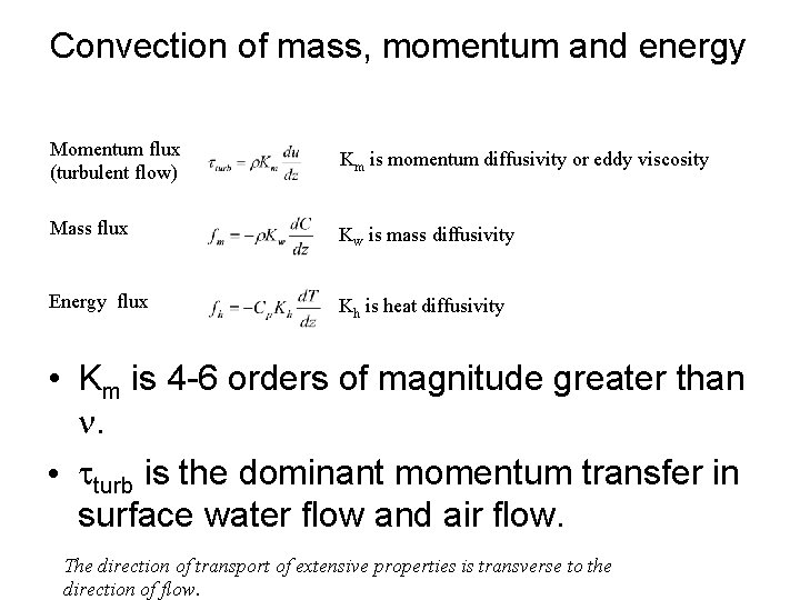 Convection of mass, momentum and energy Momentum flux (turbulent flow) Km is momentum diffusivity