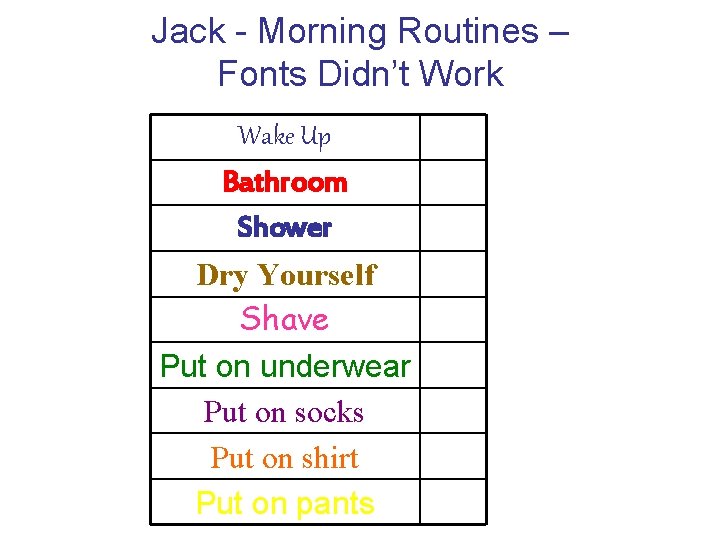 Jack - Morning Routines – Fonts Didn’t Work Wake Up Bathroom Shower Dry Yourself