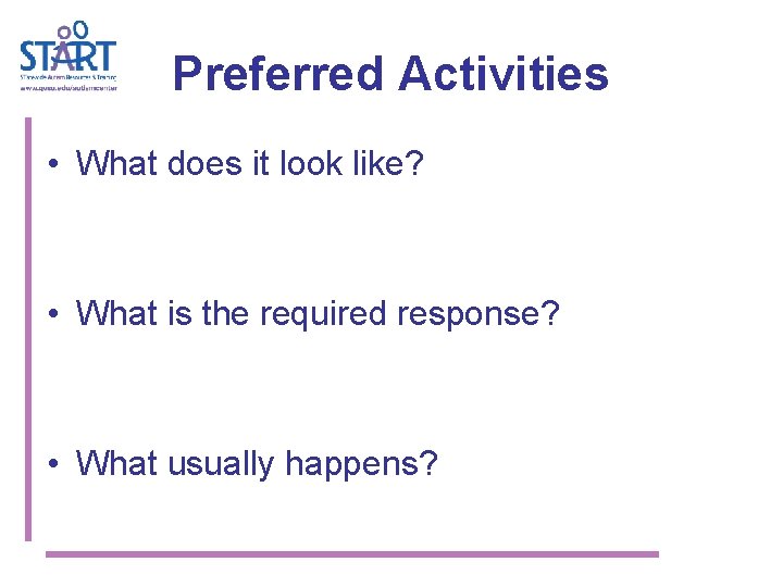 Preferred Activities • What does it look like? • What is the required response?