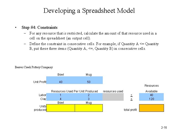 Developing a Spreadsheet Model • Step #4: Constraints – For any resource that is