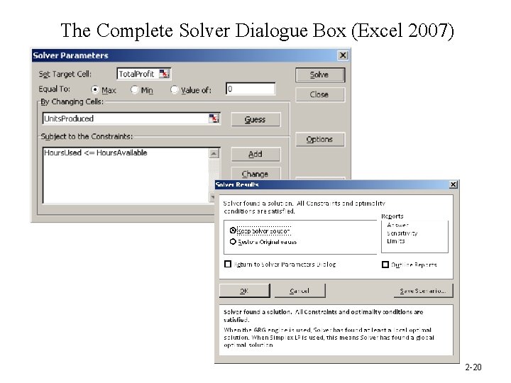 The Complete Solver Dialogue Box (Excel 2007) 2 -20 