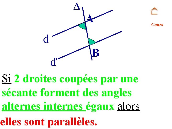  A d B d' Si 2 droites coupées par une sécante forment des