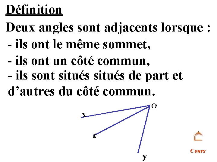 Définition Deux angles sont adjacents lorsque : - ils ont le même sommet, -