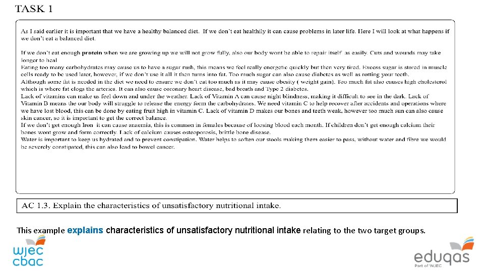 This example explains characteristics of unsatisfactory nutritional intake relating to the two target groups.