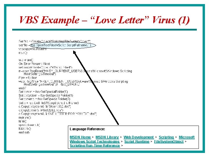 VBS Example – “Love Letter” Virus (1) Language Reference: MSDN Home > MSDN Library