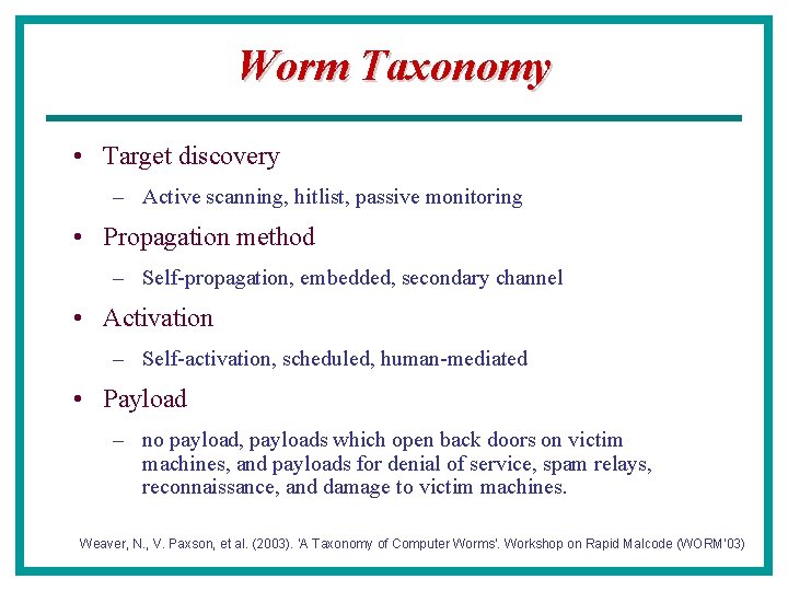 Worm Taxonomy • Target discovery – Active scanning, hitlist, passive monitoring • Propagation method