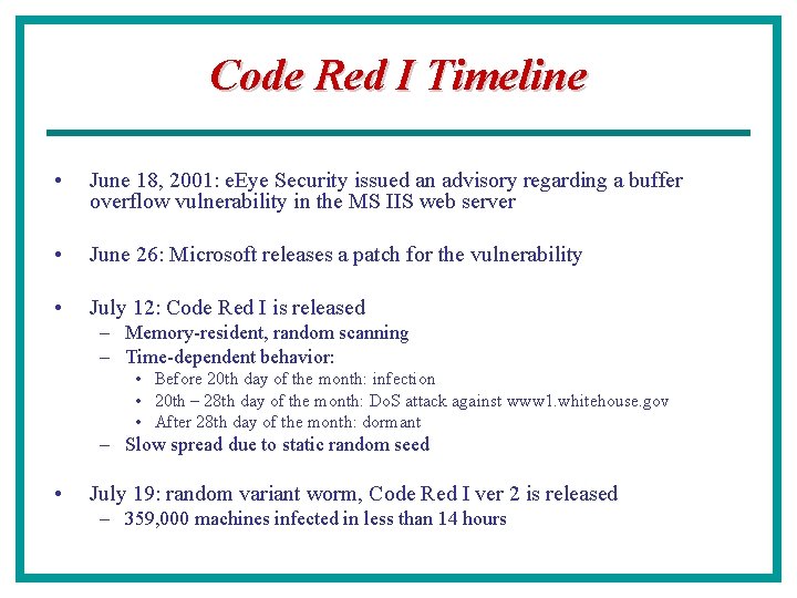 Code Red I Timeline • June 18, 2001: e. Eye Security issued an advisory