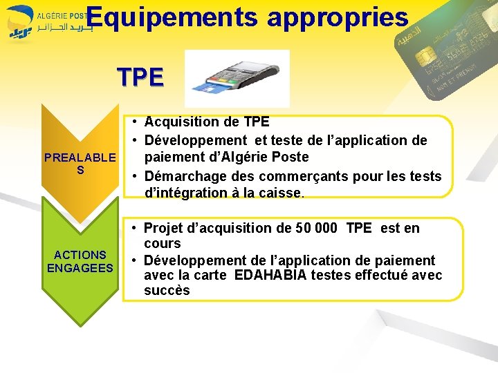 Equipements appropries TPE PREALABLE S ACTIONS ENGAGEES • Acquisition de TPE • Développement et