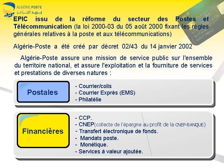 EPIC issu de la réforme du secteur des Postes et Télécommunication (la loi 2000