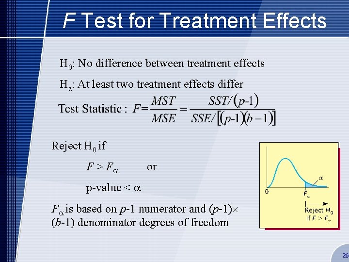 F Test for Treatment Effects H 0: No difference between treatment effects Ha: At