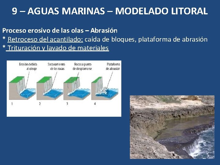 9 – AGUAS MARINAS – MODELADO LITORAL Proceso erosivo de las olas – Abrasión 9 – AGUAS MARINAS – MODELADO LITORAL Proceso erosivo de las olas – Abrasión