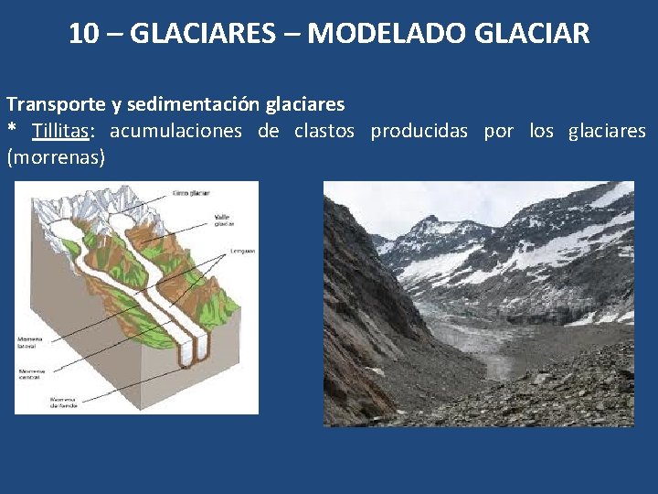 10 – GLACIARES – MODELADO GLACIAR Transporte y sedimentación glaciares * Tillitas: acumulaciones de 10 – GLACIARES – MODELADO GLACIAR Transporte y sedimentación glaciares * Tillitas: acumulaciones de