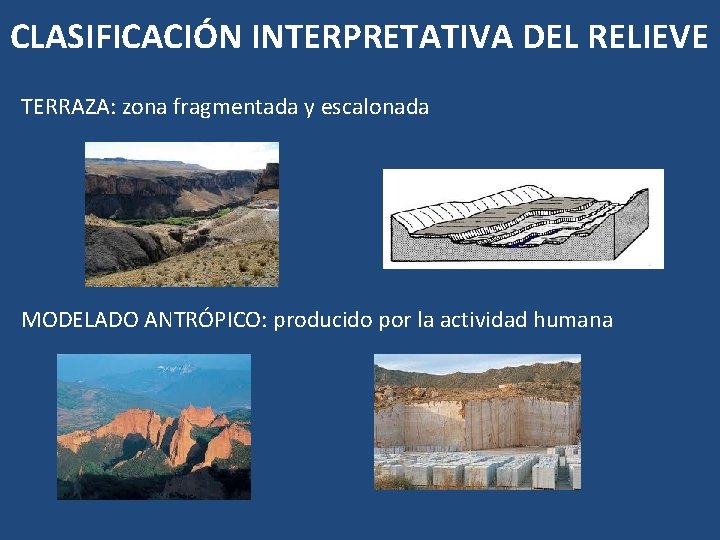 CLASIFICACIÓN INTERPRETATIVA DEL RELIEVE TERRAZA: zona fragmentada y escalonada MODELADO ANTRÓPICO: producido por la CLASIFICACIÓN INTERPRETATIVA DEL RELIEVE TERRAZA: zona fragmentada y escalonada MODELADO ANTRÓPICO: producido por la