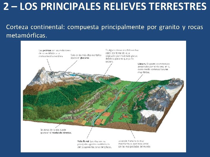 2 – LOS PRINCIPALES RELIEVES TERRESTRES Corteza continental: compuesta principalmente por granito y rocas 2 – LOS PRINCIPALES RELIEVES TERRESTRES Corteza continental: compuesta principalmente por granito y rocas