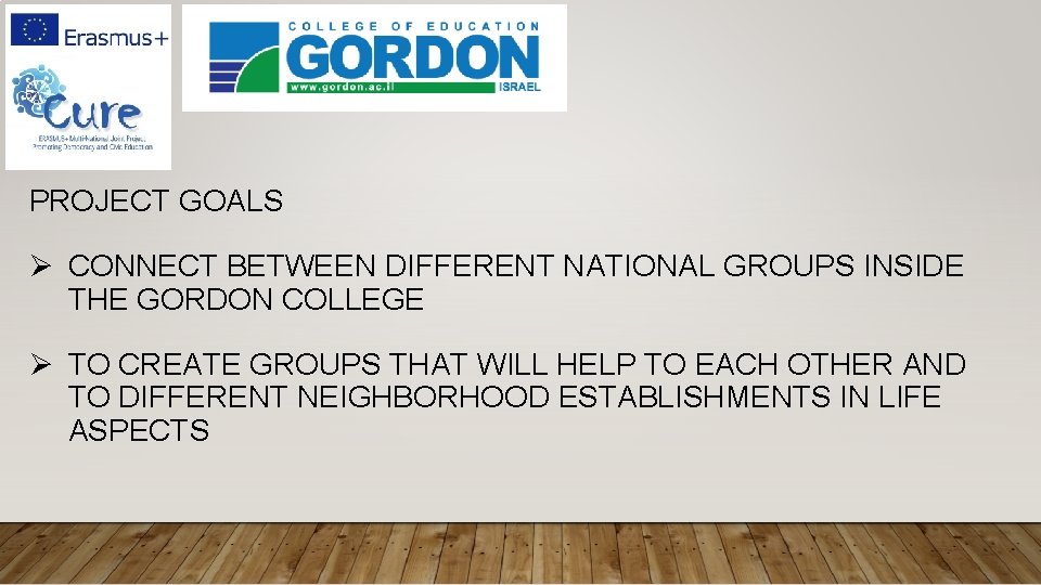 PROJECT GOALS Ø CONNECT BETWEEN DIFFERENT NATIONAL GROUPS INSIDE THE GORDON COLLEGE Ø TO