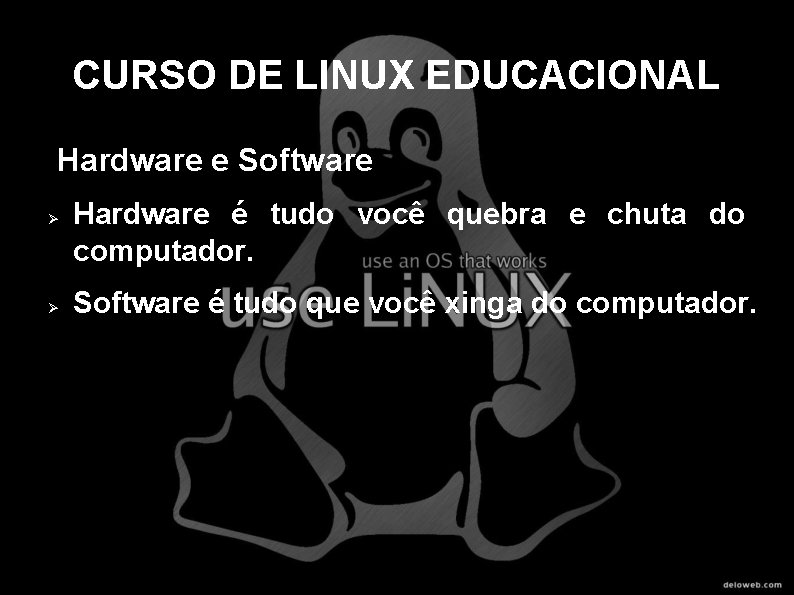 CURSO DE LINUX EDUCACIONAL Hardware e Software Hardware é tudo você quebra e chuta