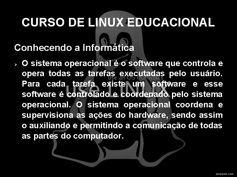 CURSO DE LINUX EDUCACIONAL Conhecendo a Informática O sistema operacional é o software que