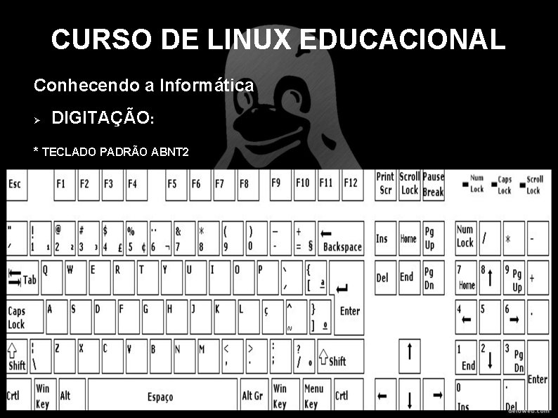 CURSO DE LINUX EDUCACIONAL Conhecendo a Informática DIGITAÇÃO: * TECLADO PADRÃO ABNT 2 