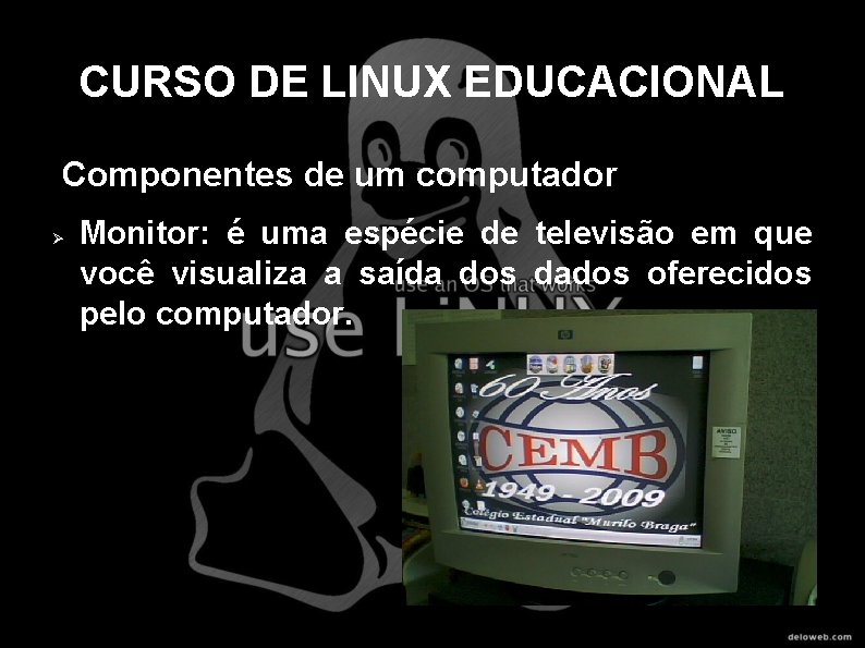 CURSO DE LINUX EDUCACIONAL Componentes de um computador Monitor: é uma espécie de televisão
