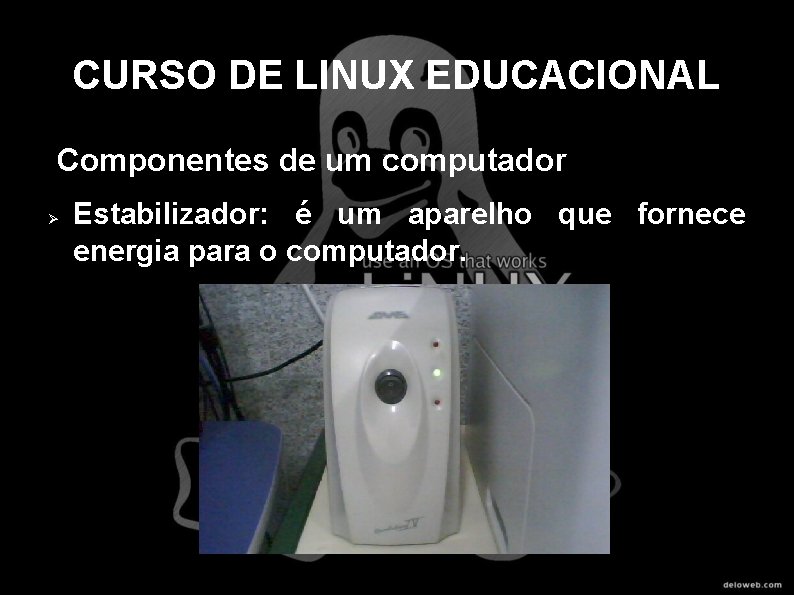 CURSO DE LINUX EDUCACIONAL Componentes de um computador Estabilizador: é um aparelho que fornece