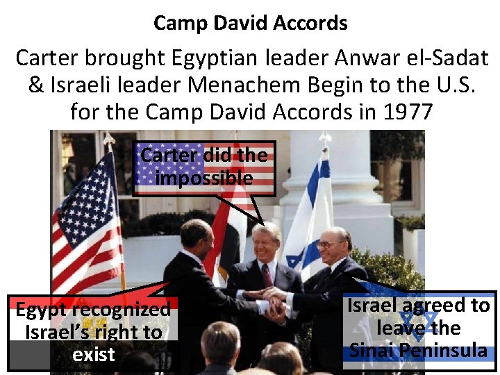 Camp David Accords Carter brought Egyptian leader Anwar el-Sadat & Israeli leader Menachem Begin