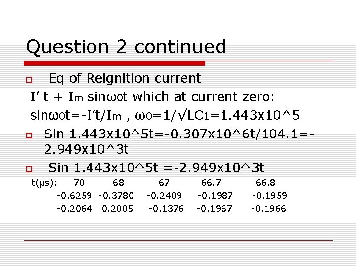 Question 2 continued Eq of Reignition current I’ t + Im sinω0 t which