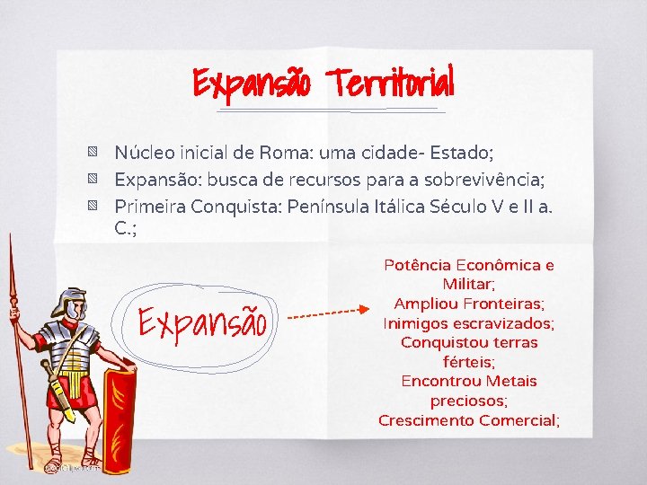 Expansão Territorial ▧ Núcleo inicial de Roma: uma cidade- Estado; ▧ Expansão: busca de