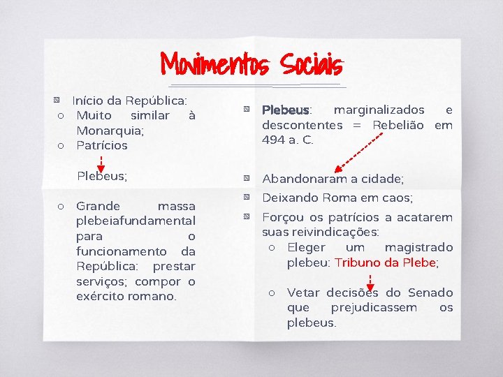 Movimentos Sociais ▧ Início da República: ○ Muito similar à Monarquia; ○ Patrícios Plebeus;