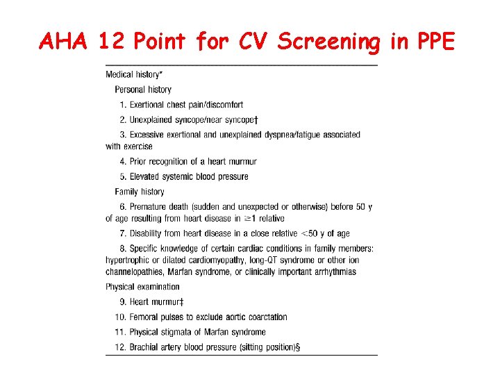 AHA 12 Point for CV Screening in PPE 