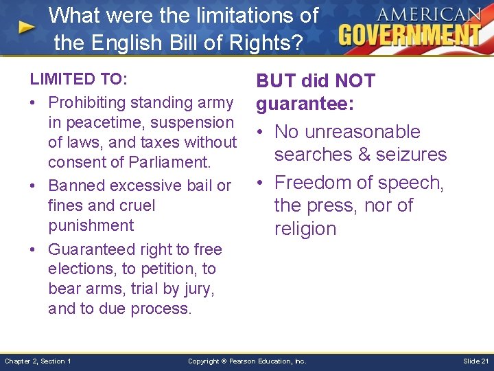 What were the limitations of the English Bill of Rights? LIMITED TO: • Prohibiting