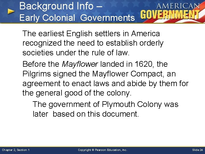 Background Info – Early Colonial Governments The earliest English settlers in America recognized the