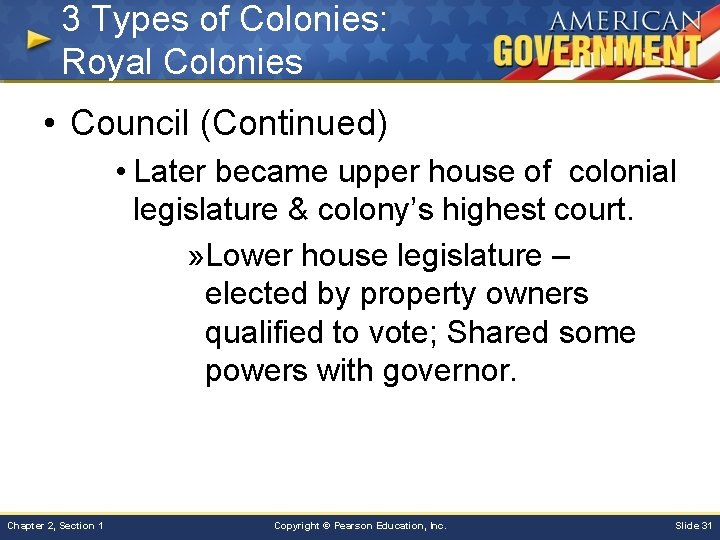 3 Types of Colonies: Royal Colonies • Council (Continued) • Later became upper house