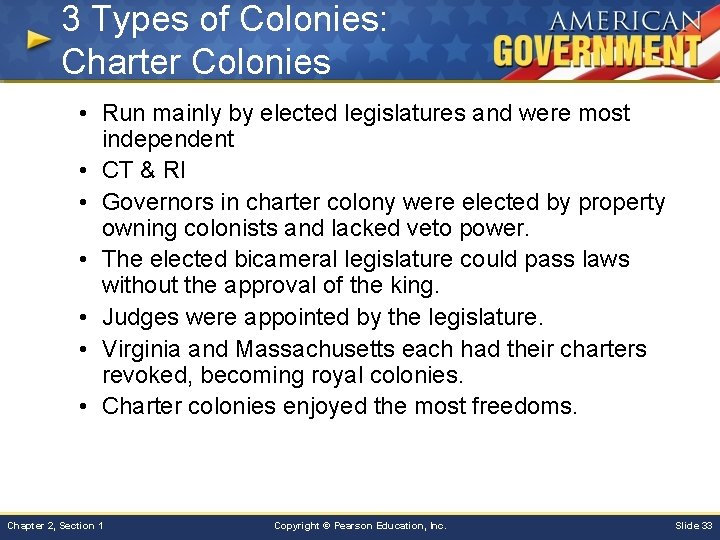 3 Types of Colonies: Charter Colonies • Run mainly by elected legislatures and were