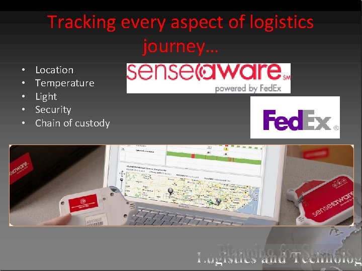 Tracking every aspect of logistics journey… • • • Location Temperature Light Security Chain