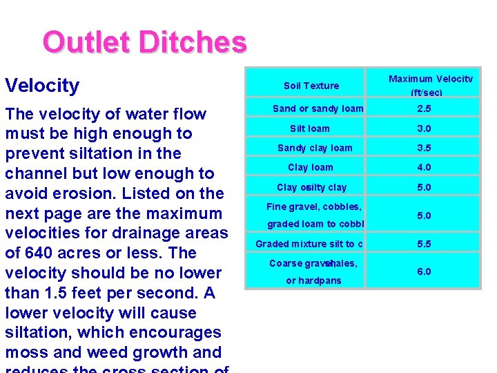 Outlet Ditches Velocity The velocity of water flow must be high enough to prevent