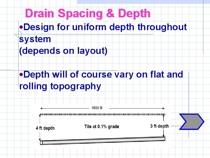 Drain Spacing & Depth • Design for uniform depth throughout system (depends on layout)