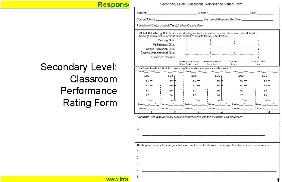 Response to Intervention Secondary Level: Classroom Performance Rating Form www. interventioncentral. org 