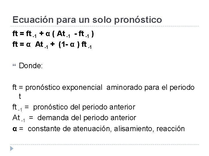 Ecuación para un solo pronóstico ft = ft -1 + α ( At -1